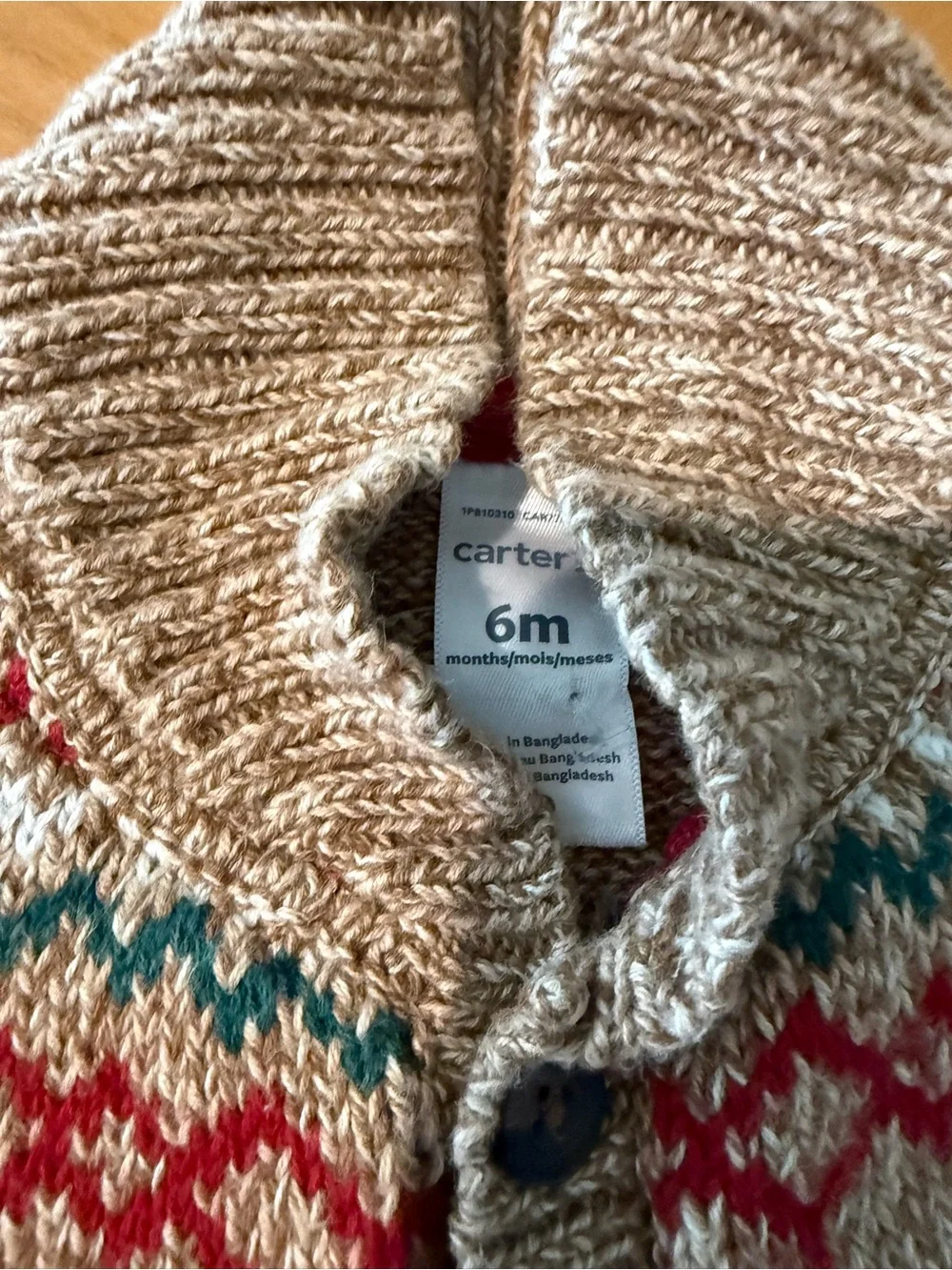 Cartier Beige Knit Fair Isle Baby One-Piece with Red and Teal Accents